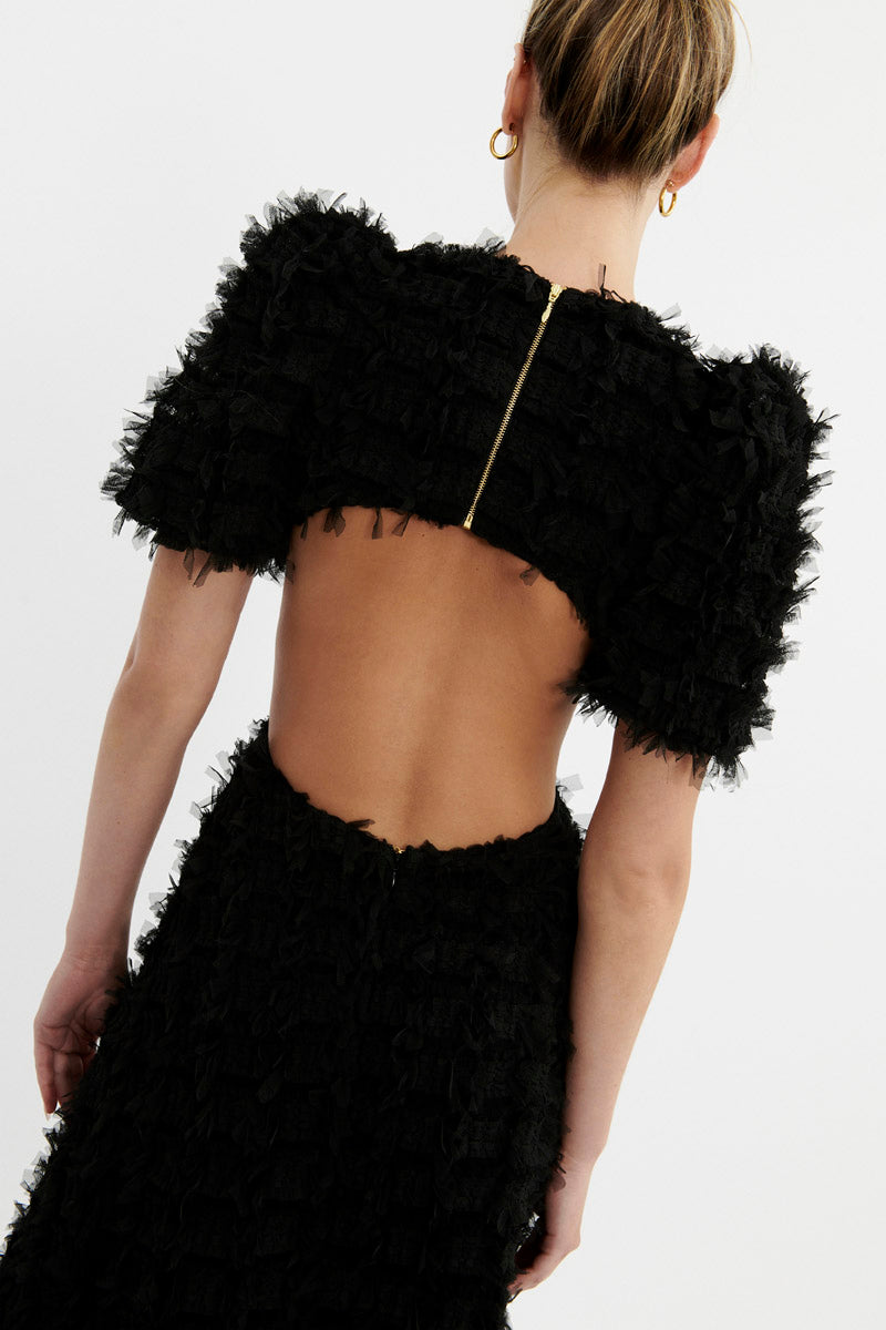 Cherie Amour Puff Sleeve Midi Dress Black