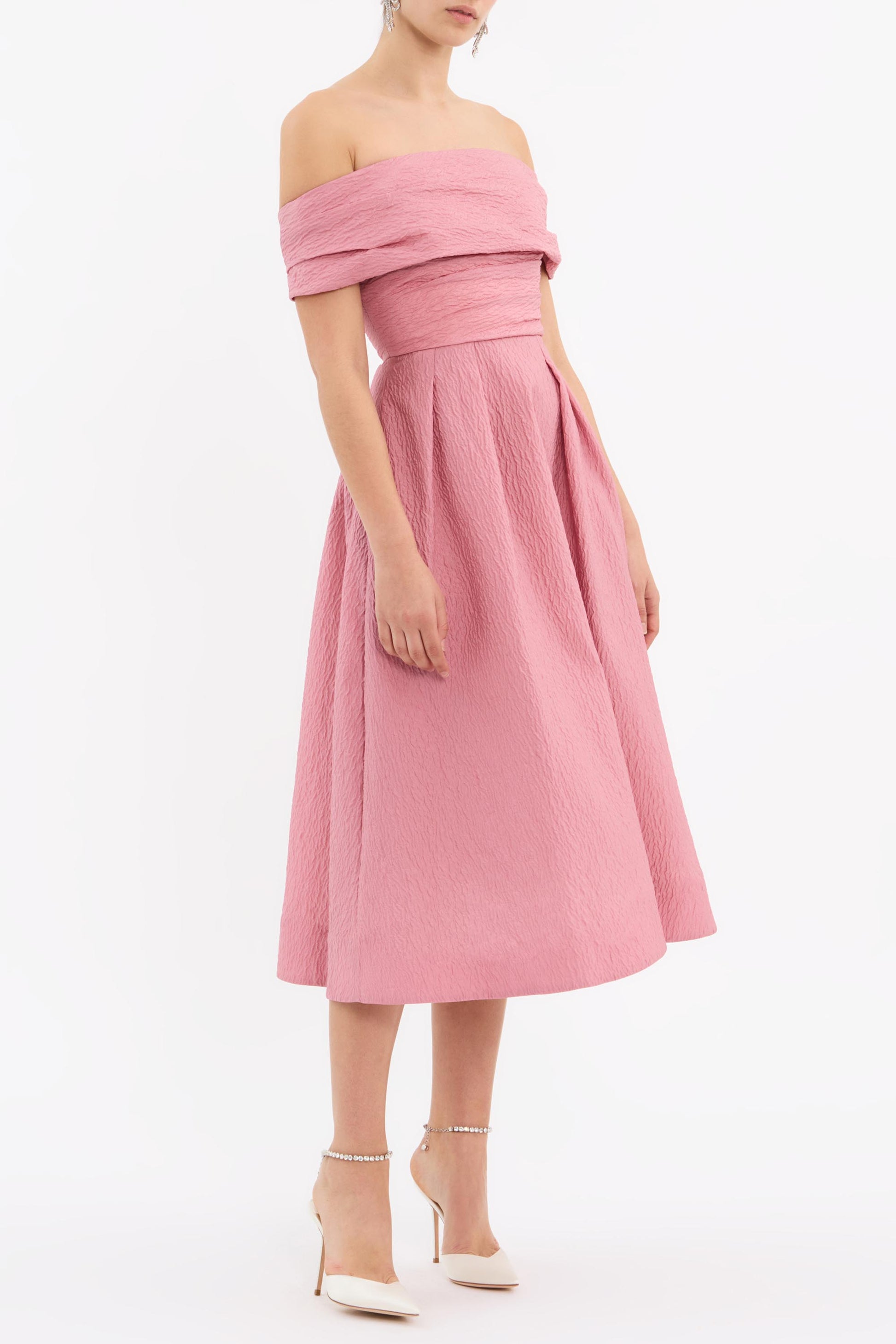 off-the-shoulder midi dress Adalyn Off The Shoulder Midi Dress Pink – Rebecca Vallance