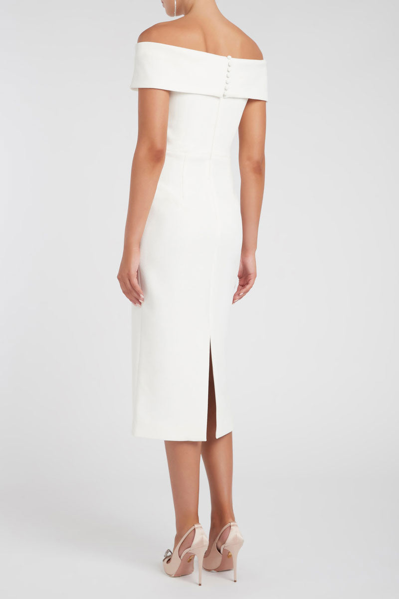 off the shoulder white midi dress Rebecca Vallance