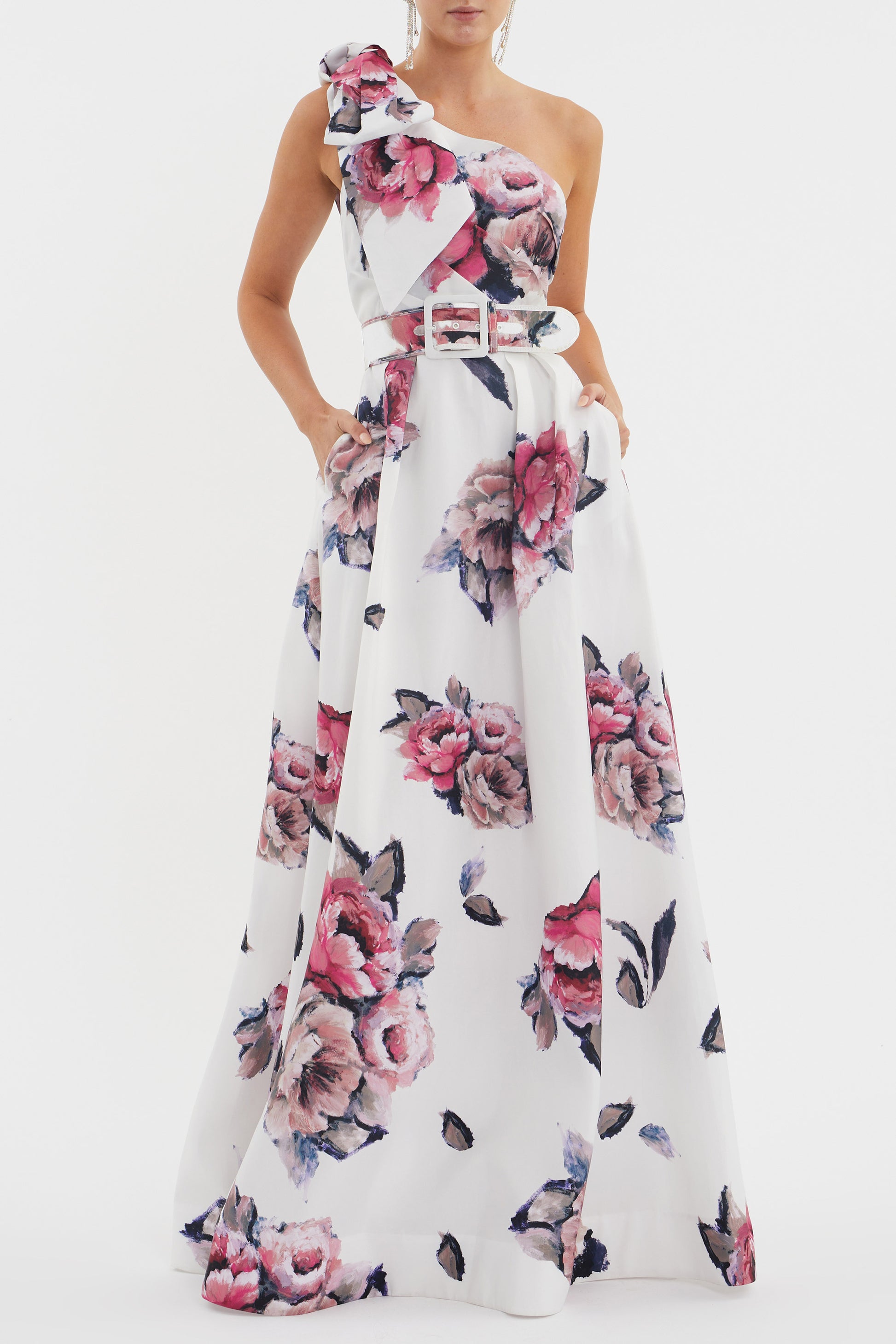 rebecca vallance carline one shoulder dress Petunia Midi the Rumi One Shoulder Midi Dress features a voluminous puff sleeve complemented by our signature taffeta bow Off-shoulder gown in pink -