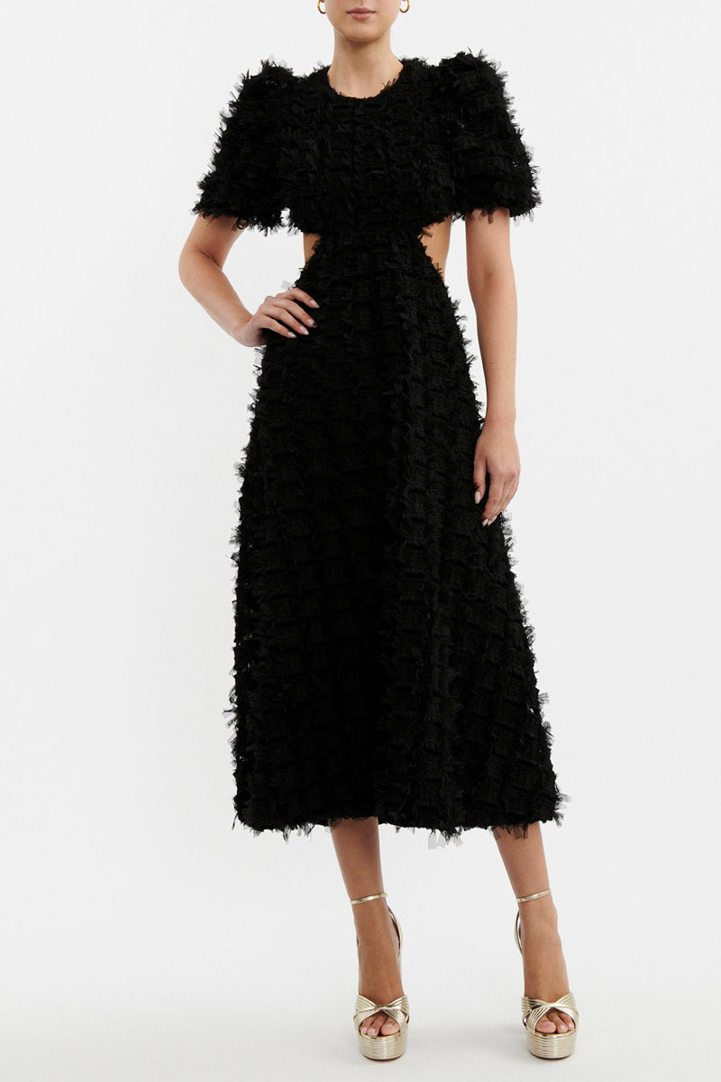 Cherie Amour Puff Sleeve Midi Dress Black