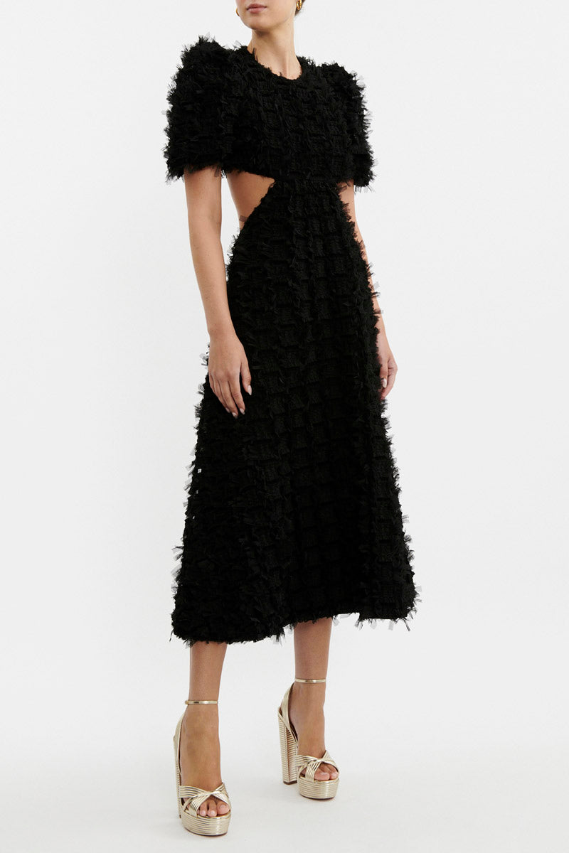 Cherie Amour Puff Sleeve Midi Dress Black