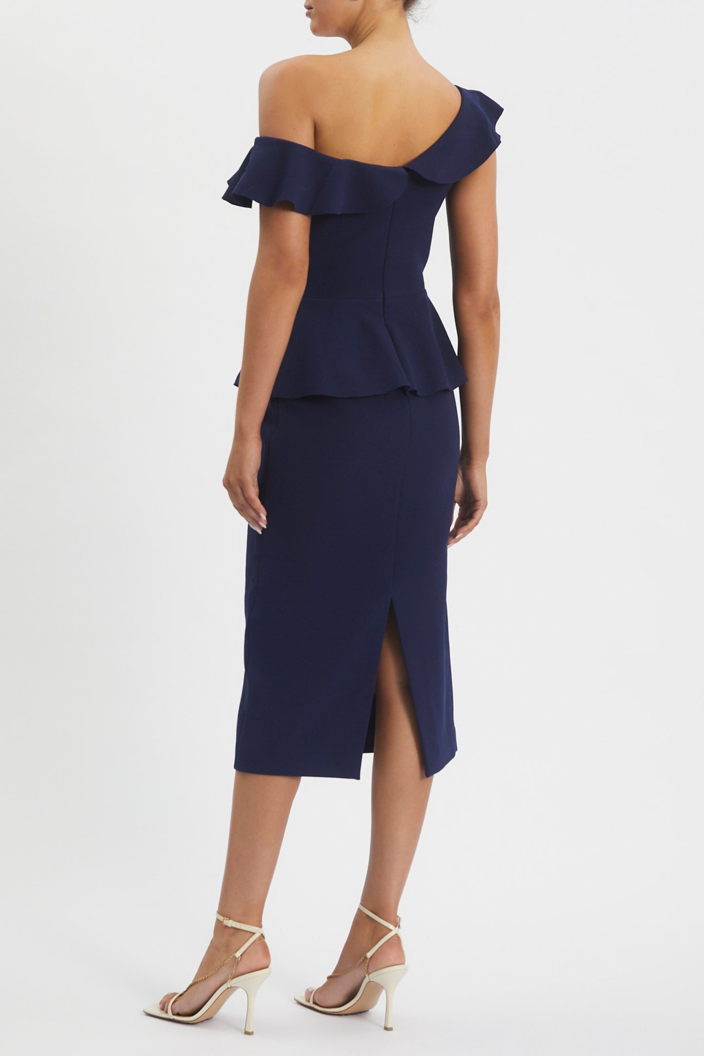 bardot off shoulder frill midi dress navy Fever Fish Navy Bardot Off The Shoulder Frill Midi Dress, Size 10