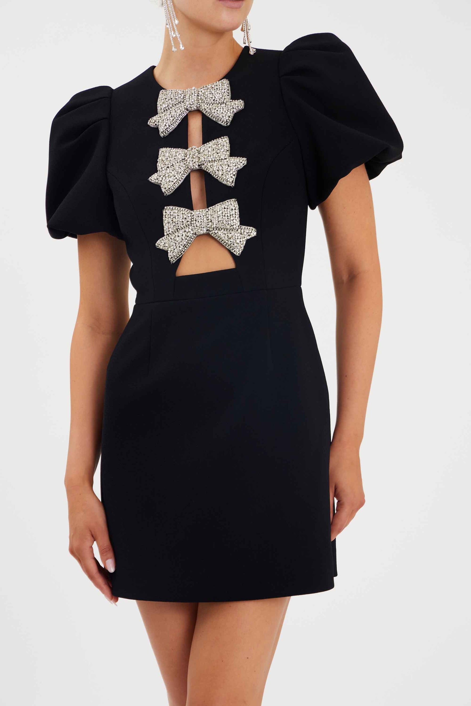 puff sleeve mini dress black Enchanting Presence Black Taffeta Lace Puff Sleeve Mini Dress