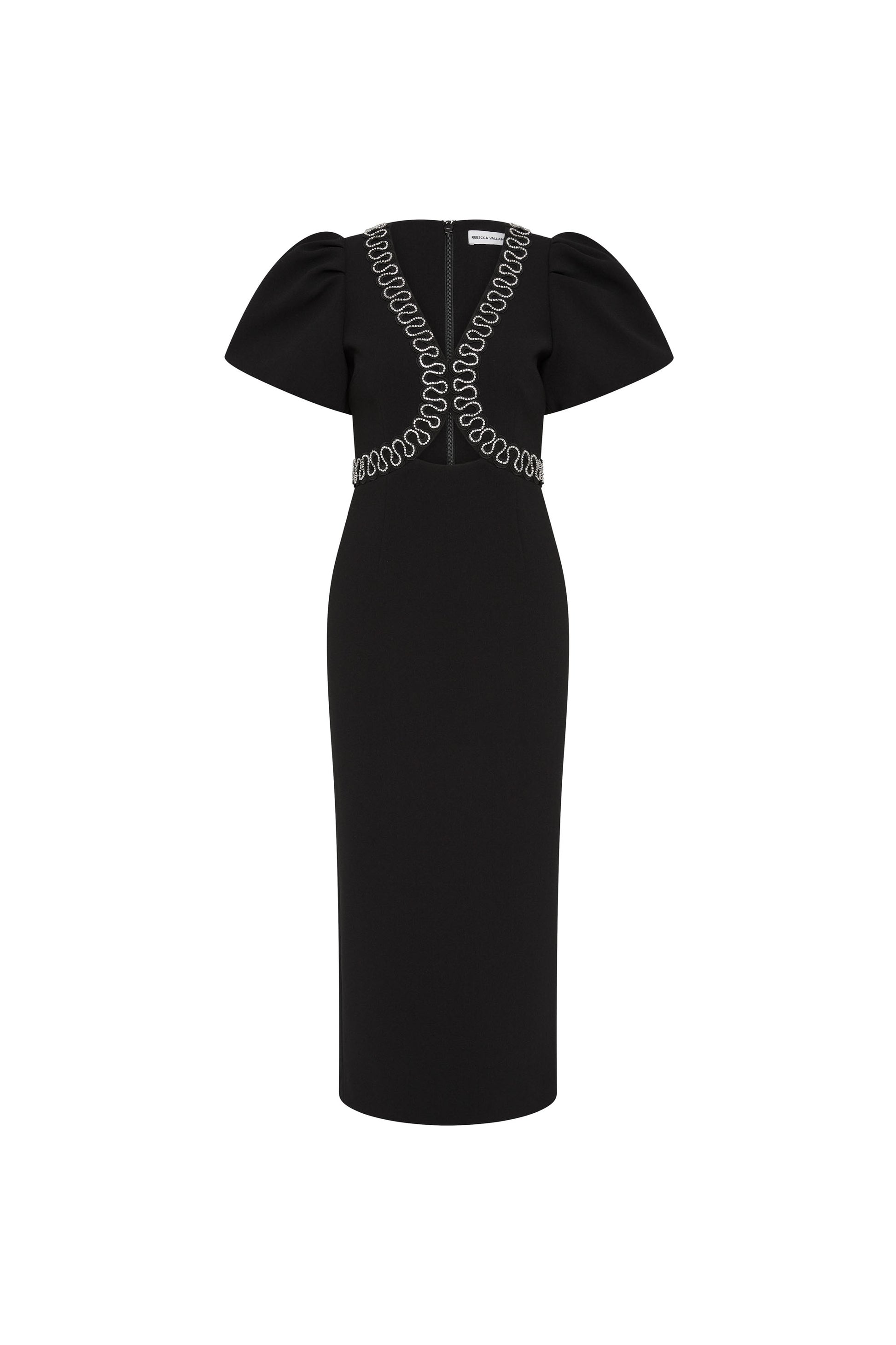 bhldn brooke puff-sleeve v-neck midi dress BHLDN Brooke Puff-Sleeve V-Neck Stretch Midi Dress