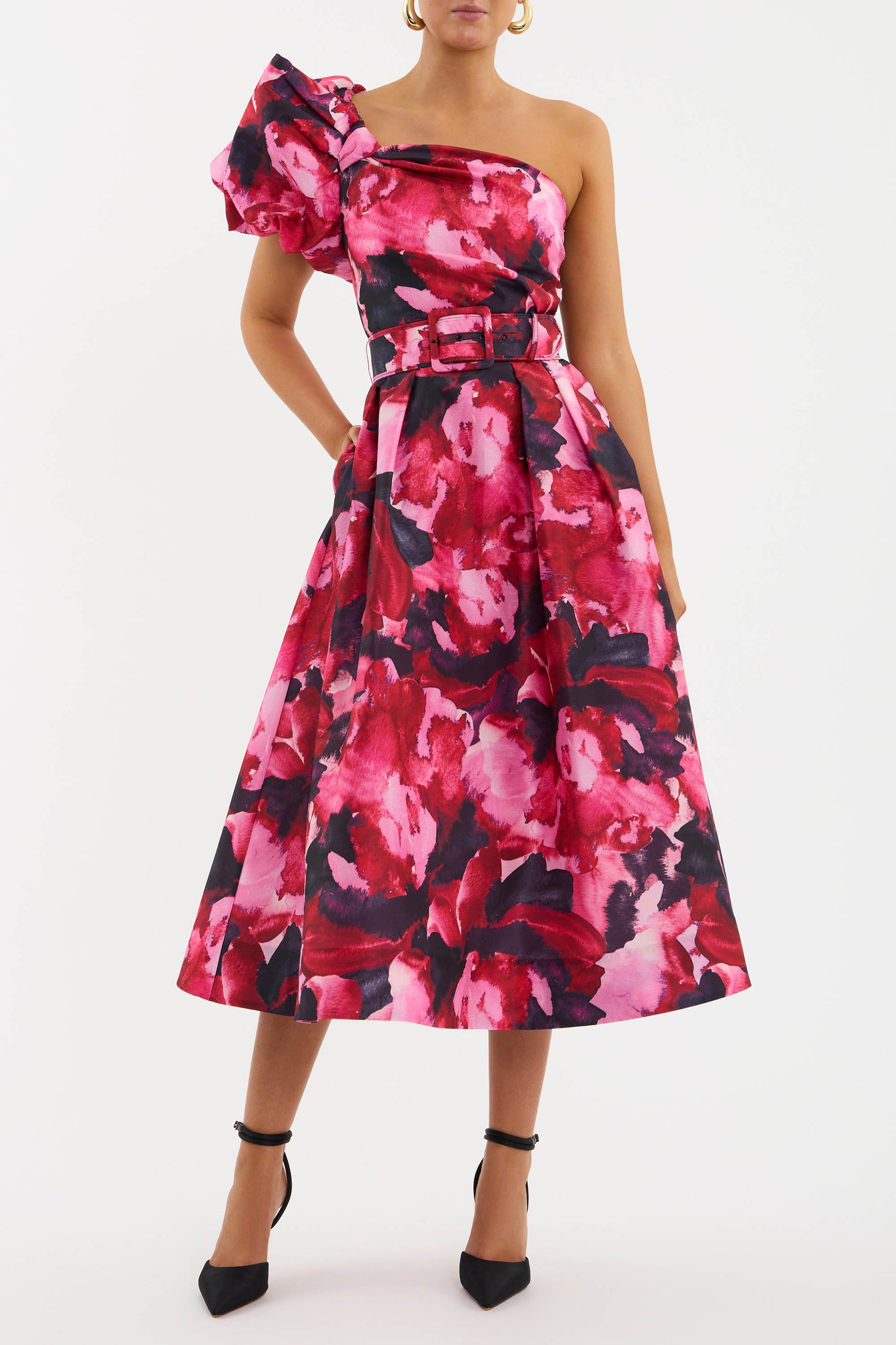 ruby pliss one-shoulder midi-dress The Lenna Midi Dress in Ruby