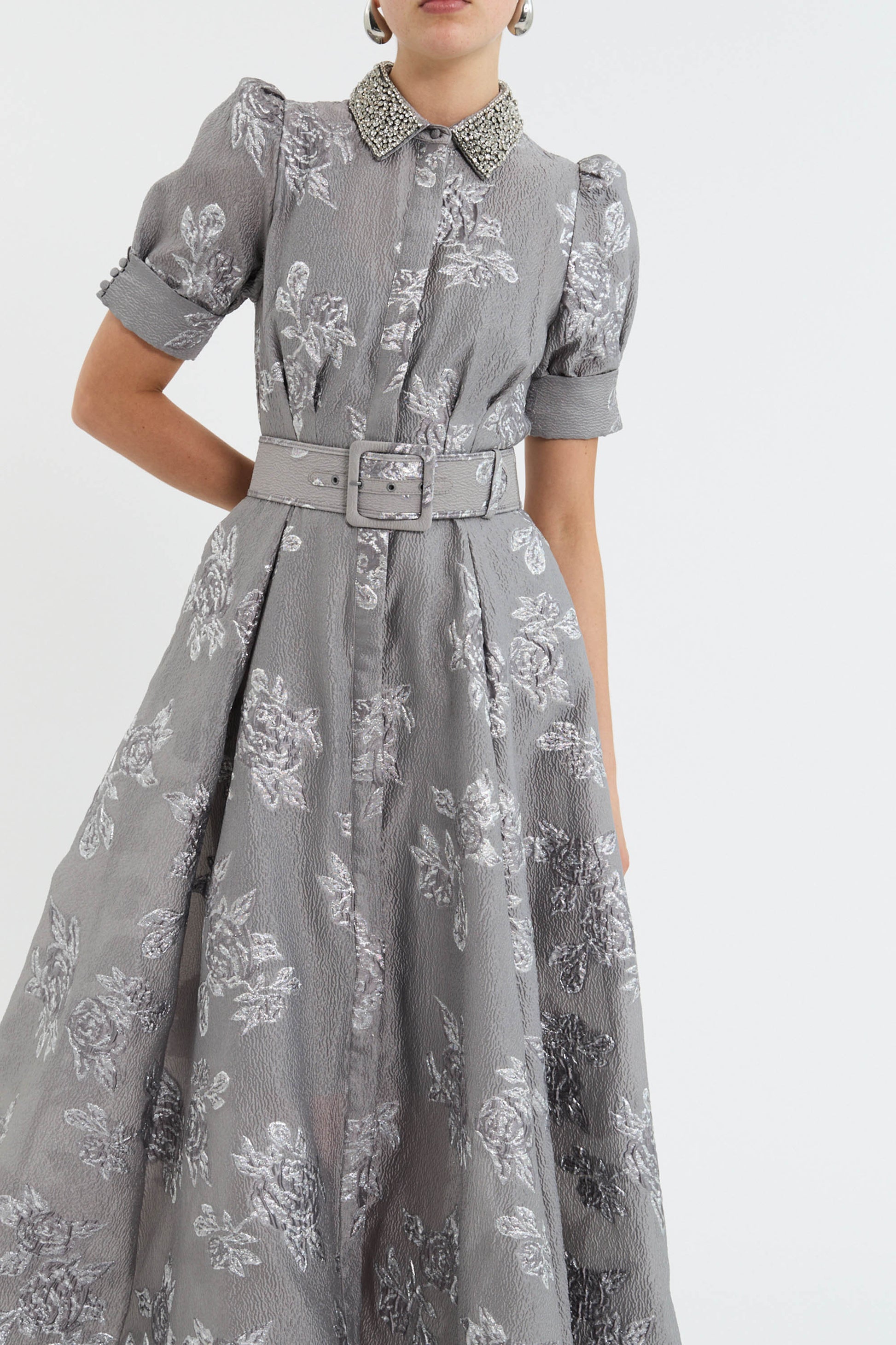 rebecca vallance silver dress REBECCA VALLANCE Sterling Diamante Metallic Jacquard Mini Dress